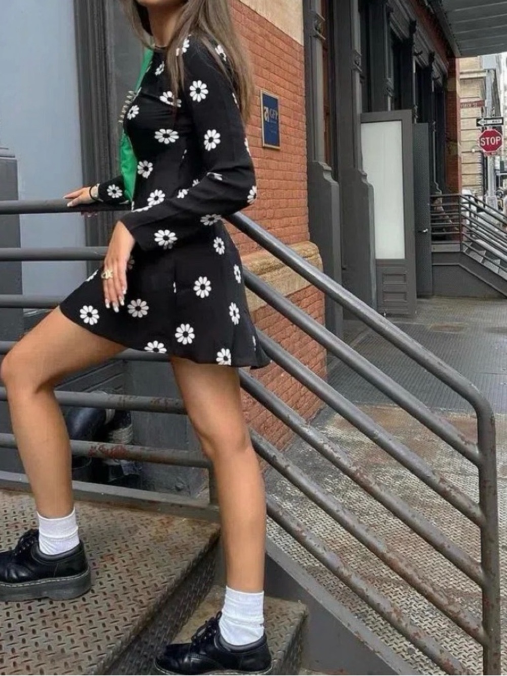 Realistaion Par Black Daisy Mini Dress with White Floral Print